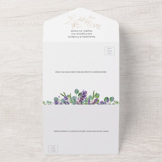 Eucalyptus Foliage Paarse lavender Flowers Weddens All In One Uitnodiging (Buitenkant)