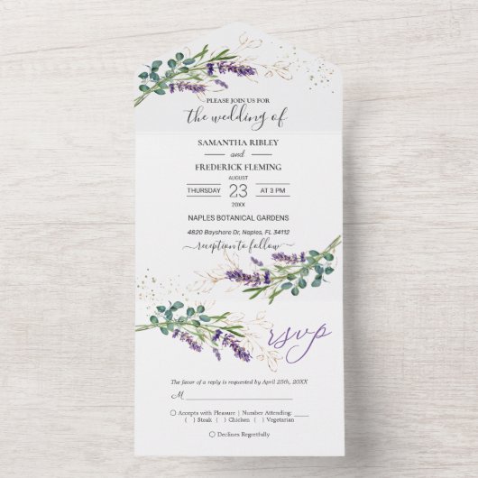 Eucalyptus Foliage Paarse lavender Flowers Weddens All In One Uitnodiging (Binnen)