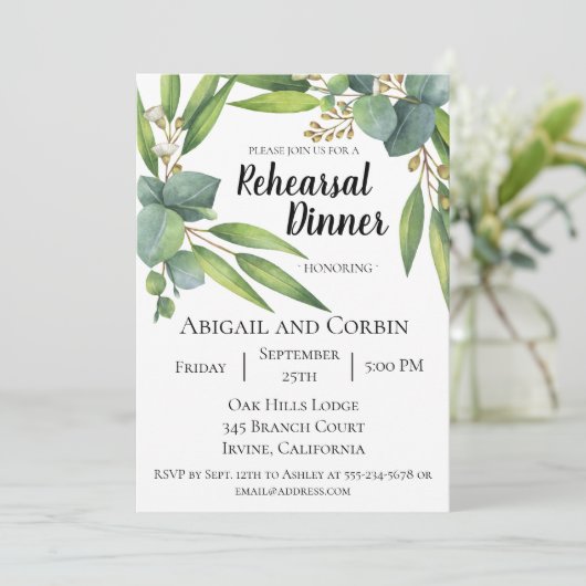 Eucalyptus Foliage Rehearsal Diner Uitnodiging (Staand voorkant)