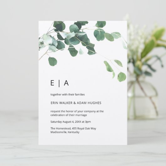 Eucalyptus Foliage Rustic Kraft Initialen bruiloft Kaart (Staand voorkant)