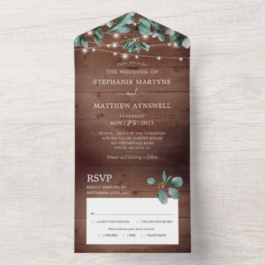 Eucalyptus Foliage Rustic Lights Wood Weddenschap All In One Uitnodiging (Binnen)