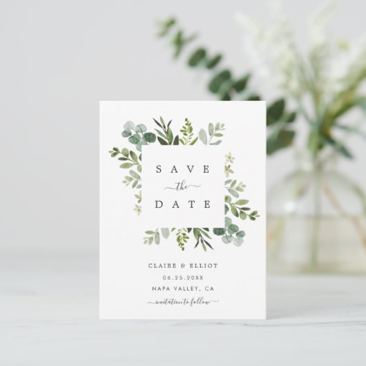 Eucalyptus Foliage Square Lijst Save the Date Aankondigingskaart (Staand voorkant)