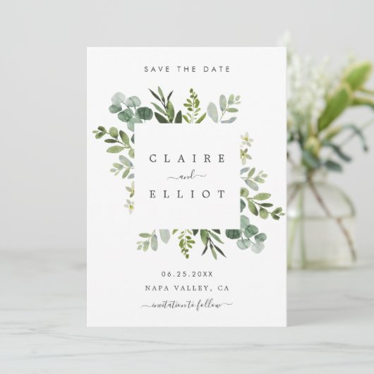 Eucalyptus Foliage Square Lijst Save the Date Kaar (Staand voorkant)