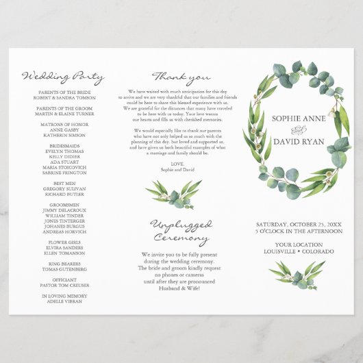 Eucalyptus Foliage Wreath Tri+Fold Wedding Program Flyer (Voorkant)