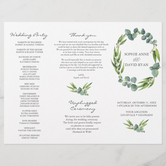 Eucalyptus Foliage Wreath Tri+Fold Wedding Program Flyer (Voorkant)