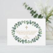 Eucalyptus Foliage Wreator Gold Cross Boy Baptisme Bedankkaart (Staand voorkant)
