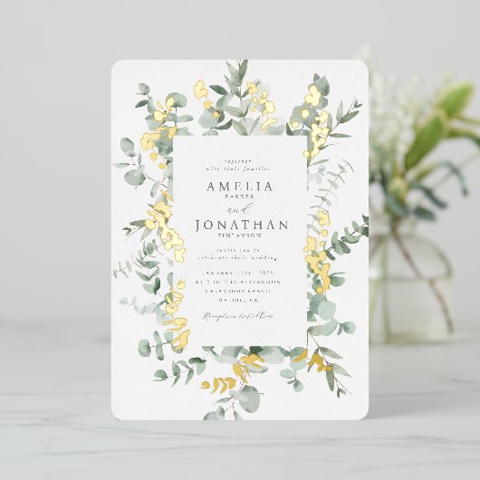 Eucalyptus Folie bruiloft uitnodiging (Staand Voorkant)