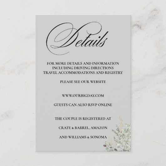 Eucalyptus Formal Elegant Enclosure Card Details Informatiekaartje (Voorkant)
