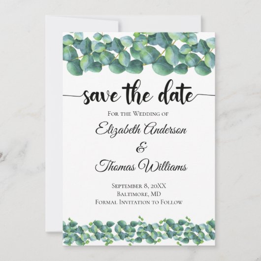 Eucalyptus formeel elegante 'Save the Date' Kaart (Voorkant)