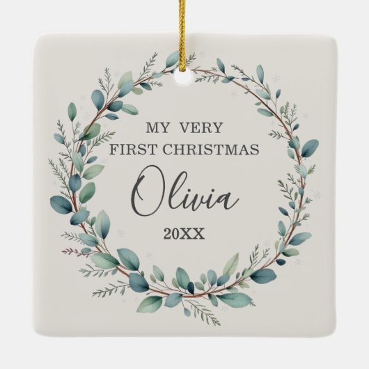 Eucalyptus Foto Baby Eerste Kerstminimalist Keramisch Ornament (Achterkant)