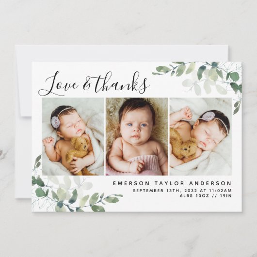 Eucalyptus Foto bedankt Baby Aankondiging (Voorkant)