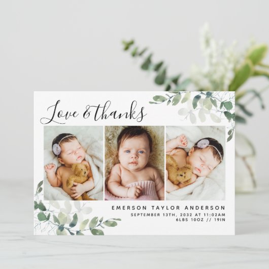 Eucalyptus Foto bedankt Baby Aankondiging (Staand voorkant)