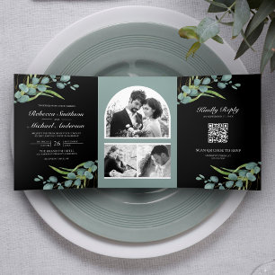 Eucalyptus Foto Collage QR Code Zwarte Huwelijk Drieluik Uitnodiging