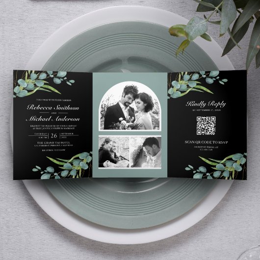 Eucalyptus Foto Collage QR Code Zwarte Huwelijk Drieluik Uitnodiging