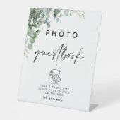 Eucalyptus Foto Gastenboek | Modern huwelijksteken Reclamebord Met Voetstuk (Voorkant)