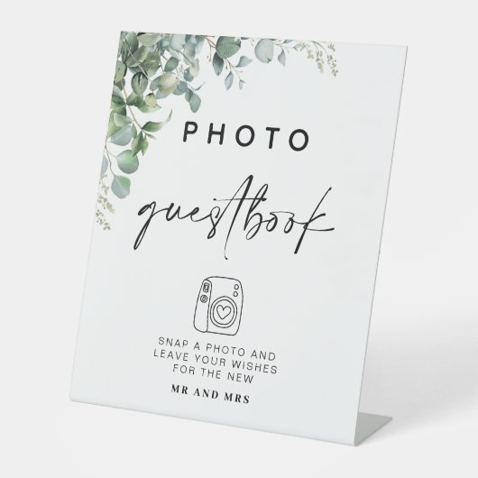 Eucalyptus Foto Gastenboek | Modern huwelijksteken Reclamebord Met Voetstuk (Voorkant)