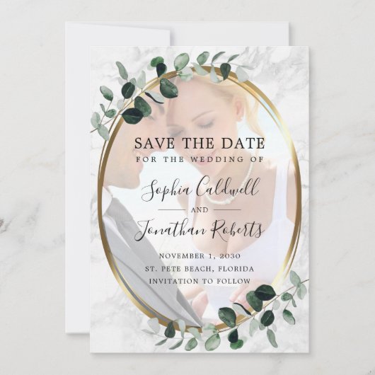 Eucalyptus Foto Gold Lijst marmer Weddenschap Save The Date (Voorkant)