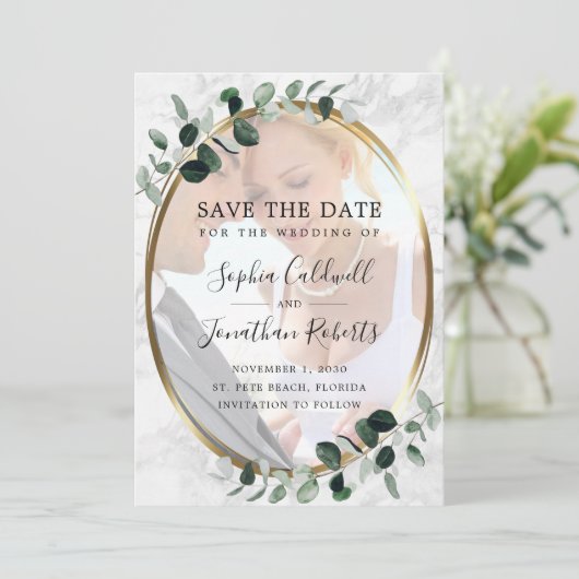 Eucalyptus Foto Gold Lijst marmer Weddenschap Save The Date (Staand voorkant)