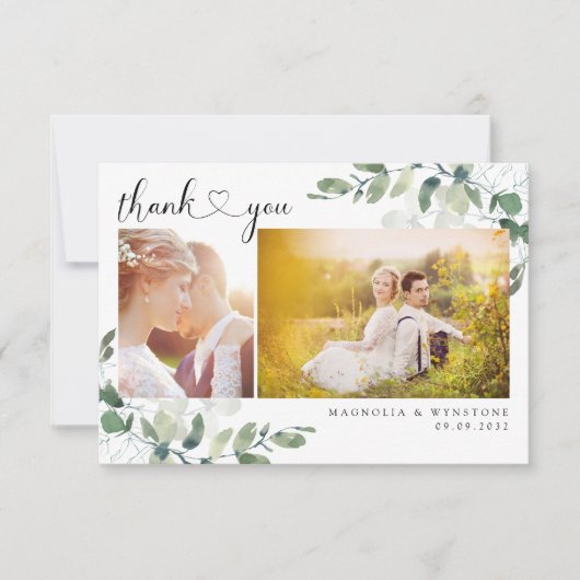 Eucalyptus Foto Heart Modern Wedding Bedankkaart (Voorkant)