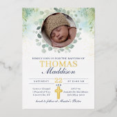 Eucalyptus Foto Kruis Waterverf Doop Folie Uitnodiging (Voorkant)