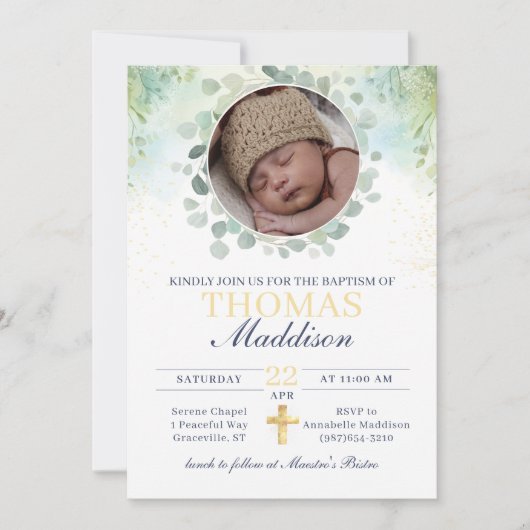 Eucalyptus Foto Kruis Waterverf Doop Kaart (Voorkant)