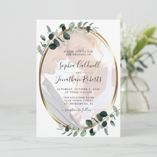 Eucalyptus Foto QR Code RSVP Weddenschap Kaart (Staand voorkant)