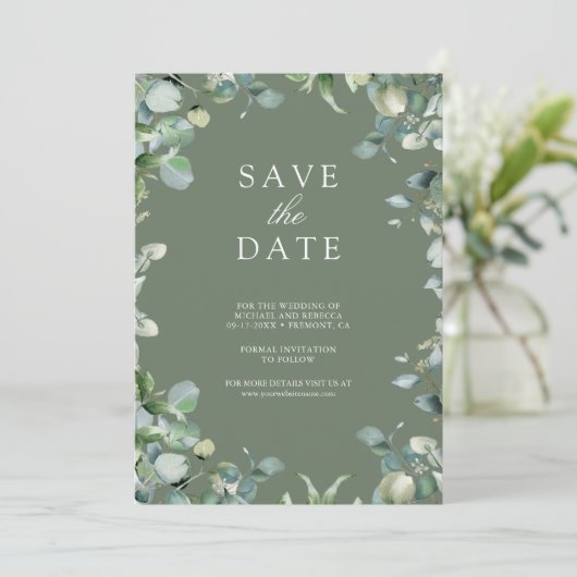 Eucalyptus Foto QR Code Sage Green Wedding Save The Date (Staand voorkant)