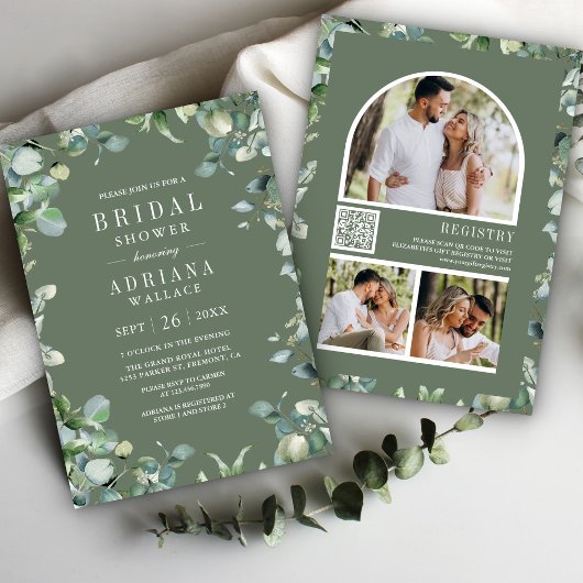 Eucalyptus Foto QR Code Saliegroen Bruidsdouche Kaart