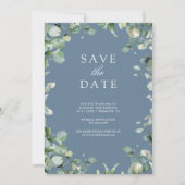 Eucalyptus Foto QR Code Stofblauw Bruiloft Save The Date (Voorkant)