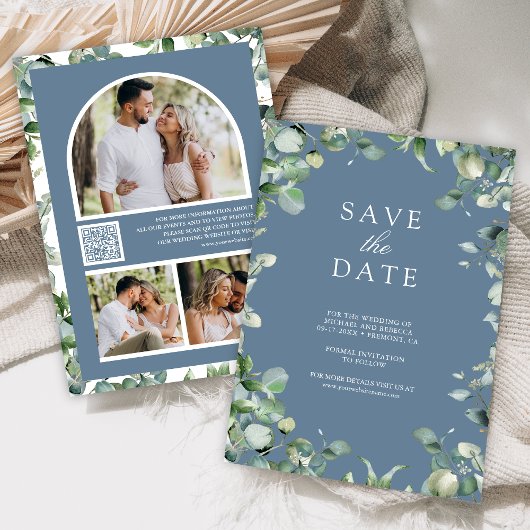 Eucalyptus Foto QR Code Stofblauw Bruiloft Save The Date