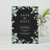 Eucalyptus Foto QR Code Zwarte Trouwdag Save The Date (Staand voorkant)