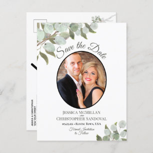Eucalyptus & Foto Wit Bruiloft Save the Date Aankondigingskaart
