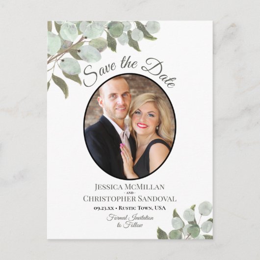 Eucalyptus & Foto Wit Bruiloft Save the Date Aankondigingskaart (Voorkant)