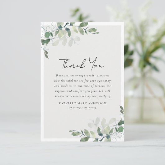 Eucalyptus Fotosympathie begrafenis Bedankkaart (Staand voorkant)