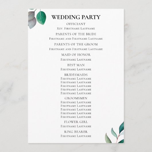Eucalyptus Garden Botanical Wedding Ceremony Programmakaart (Achterkant)