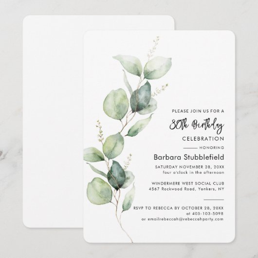 Eucalyptus gebladerte 80e verjaardagsfeestje minim kaart (Voorkant / Achterkant)