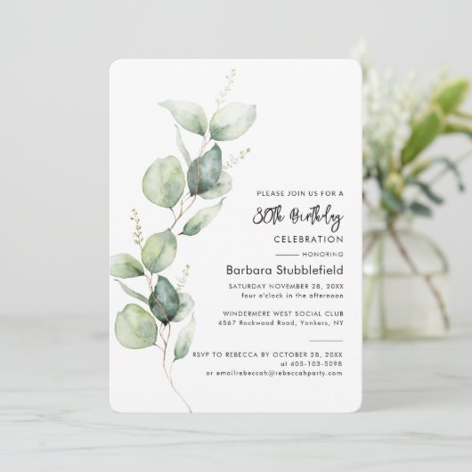 Eucalyptus gebladerte 80e verjaardagsfeestje minim kaart (Staand voorkant)