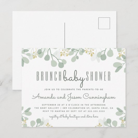 Eucalyptus gebladerte botanische brunch Baby showe Uitnodiging Briefkaart (Voorkant / Achterkant)