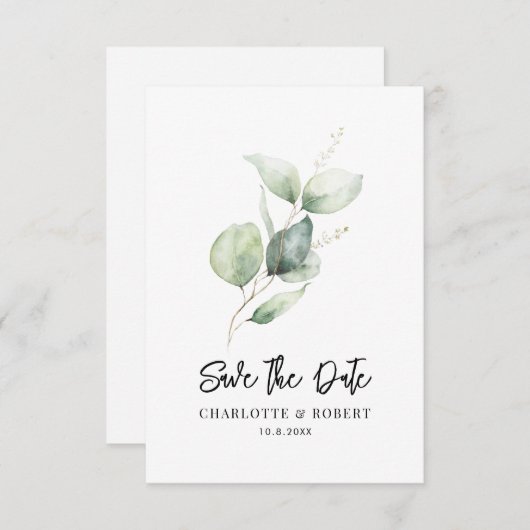 Eucalyptus gebladerte Keepsake Minimaal Bewaar de  Save The Date (Voorkant / Achterkant)