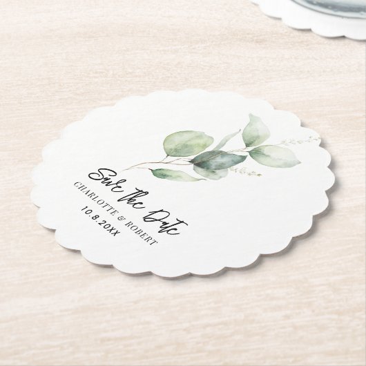 Eucalyptus gebladerte minimalist Bewaar de datum Kartonnen Onderzetters (Gekanteld)