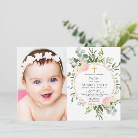 Eucalyptus gebladerte roze elegante meisje doop fo kaart (Staand voorkant)