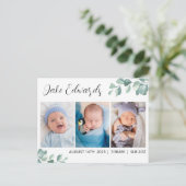 Eucalyptus geboorte aankondiging kaart met foto (Staand voorkant)