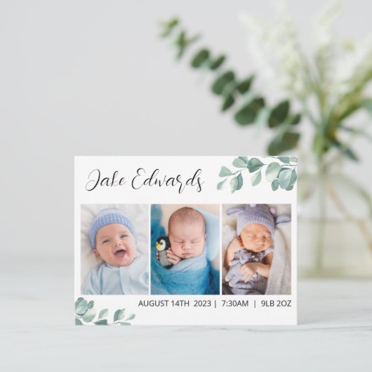 Eucalyptus geboorte aankondiging kaart met foto (Staand voorkant)