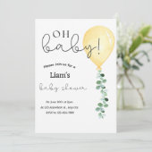 Eucalyptus geel ballon baby shower uitnodiging (Staand voorkant)