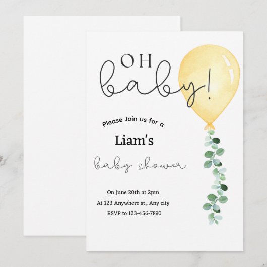 Eucalyptus geel ballon baby shower uitnodiging (Voorkant / Achterkant)