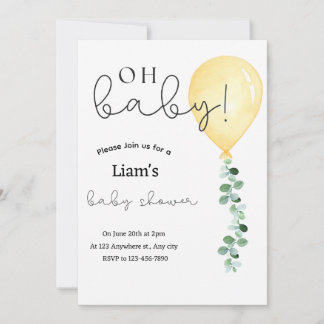 Eucalyptus geel ballon baby shower uitnodiging