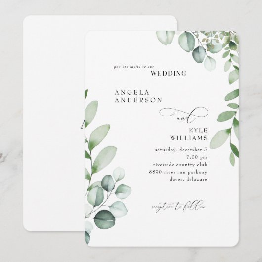 Eucalyptus Geen Ouders Elegante Huwelijksuitnodigi Kaart (Voorkant / Achterkant)