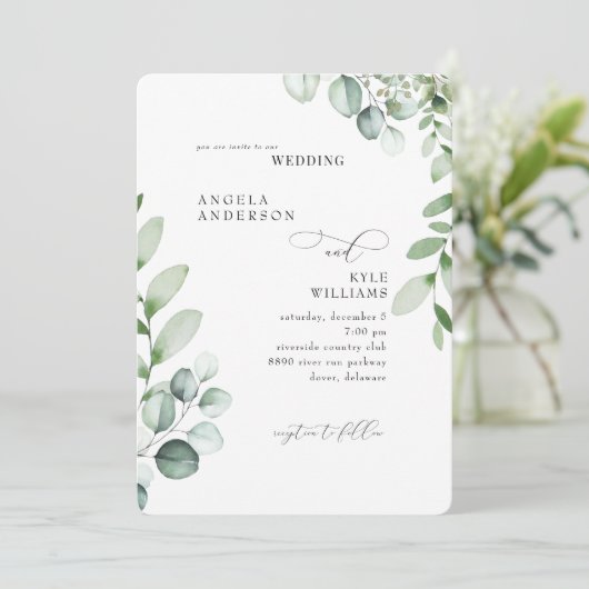 Eucalyptus Geen Ouders Elegante Huwelijksuitnodigi Kaart (Staand voorkant)