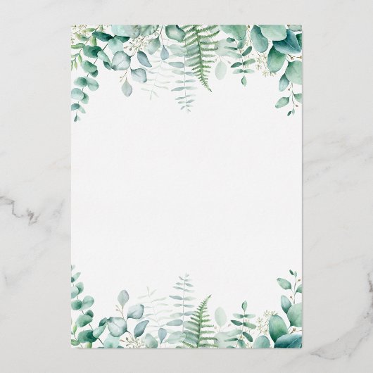 Eucalyptus geenery woodland veertrouwerij folie uitnodiging (Achterkant)