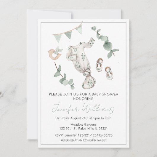 Eucalyptus genderneutrale uitnodiging voor baby sh (Voorkant)